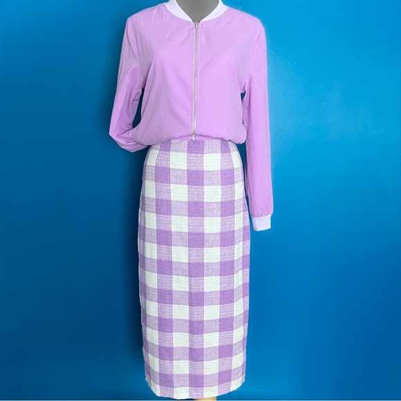 Collectif Dresses & Skirts - Collectif Bright & Beautiful Gingham Check Midi Pencil Skirt in Lilac US 2